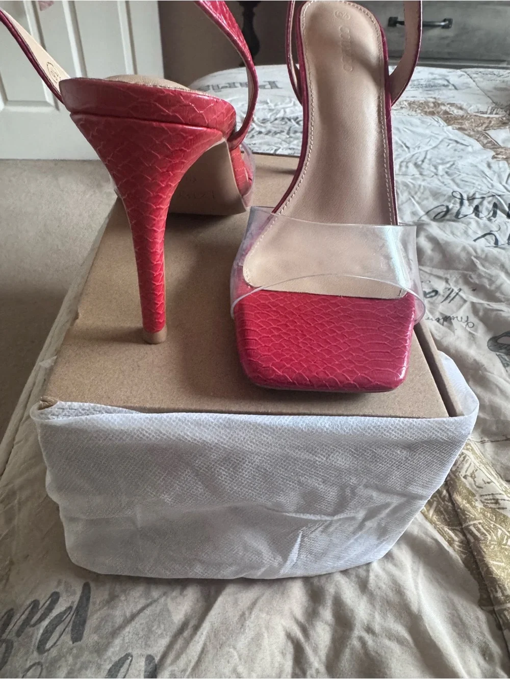 Clear Strap Red Heeled Sandals